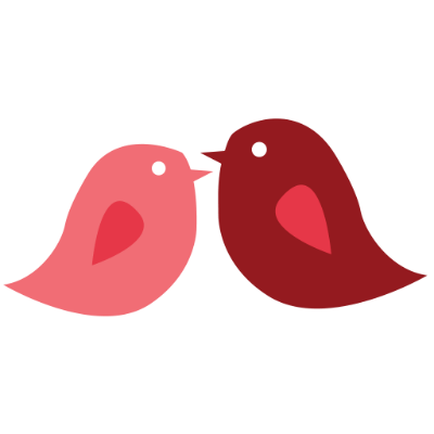 two graphic designed birds looking at each other. One is smaller than the other and they have contrasts of pink and dark purple red on them